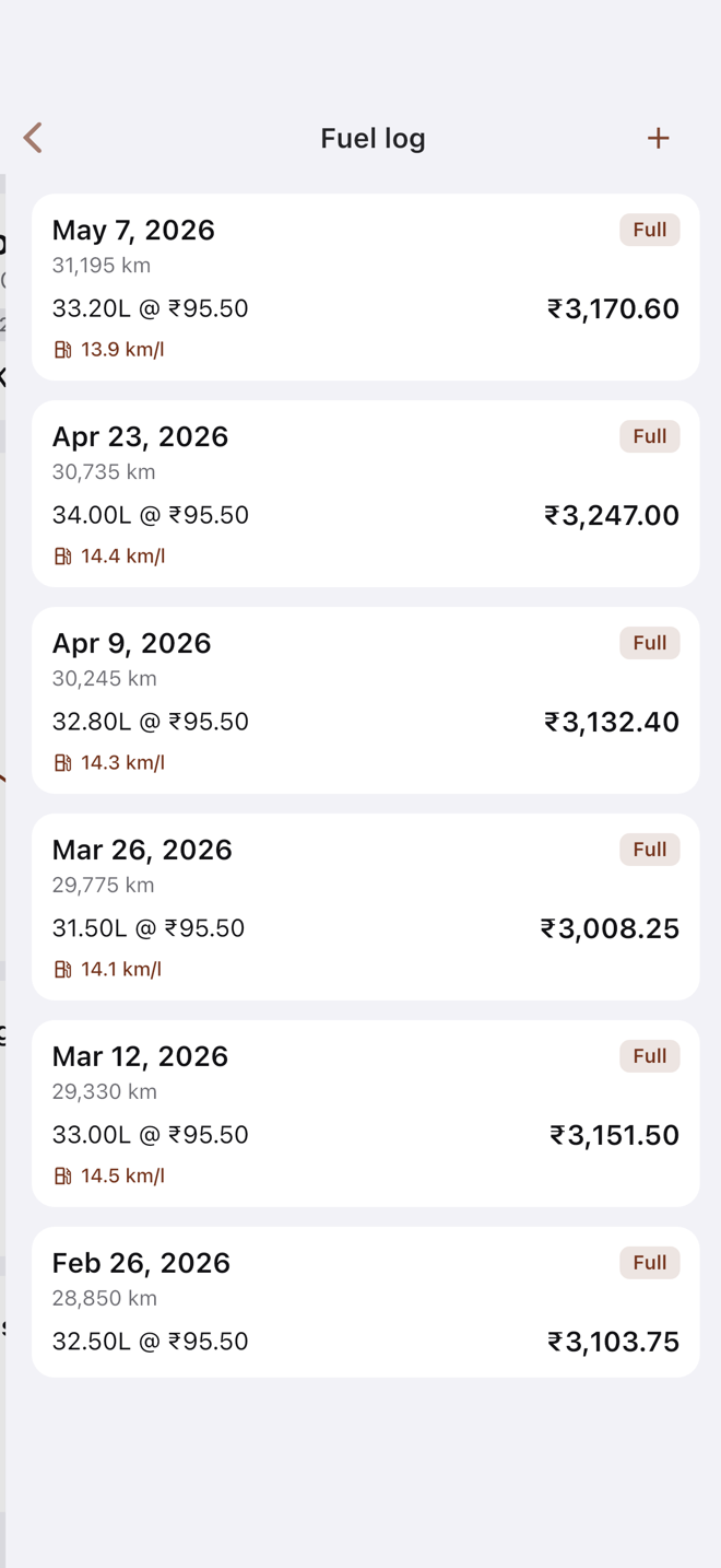 Fuel history — a list of fill-ups with km/l and ₹/km and a trend chart on top.