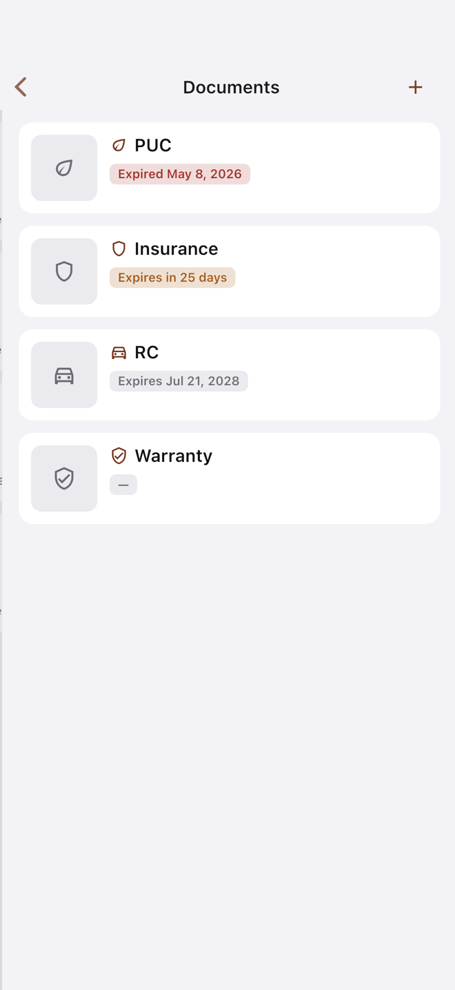 Documents list — RC, Insurance, and PUC entries with expiry pills.