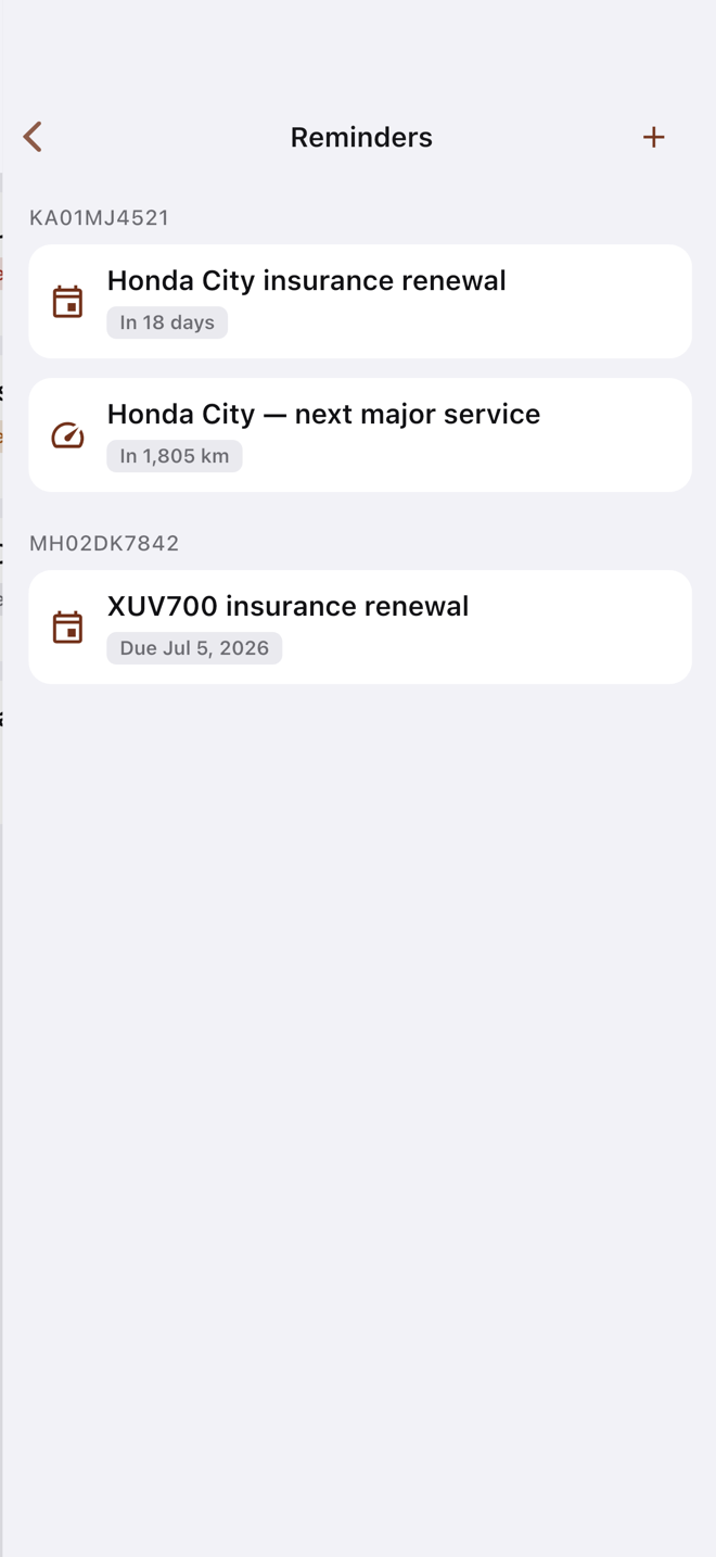Reminders feed — auto-created and custom reminders with due dates.